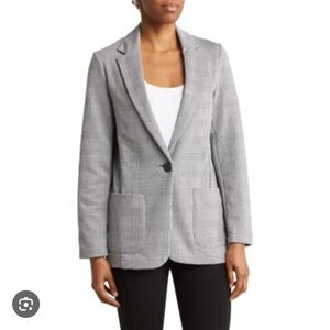Max Studio women's double-knit blazer one button, grey plaid, size XL.